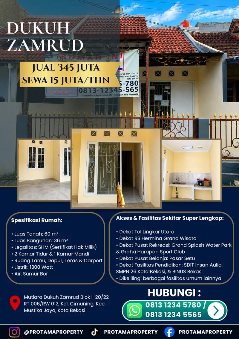 DIJUAL / DISEWAKAN: RUMAH MINIMALIS NYAMAN DI DUKUH ZAMRUD BEKASI